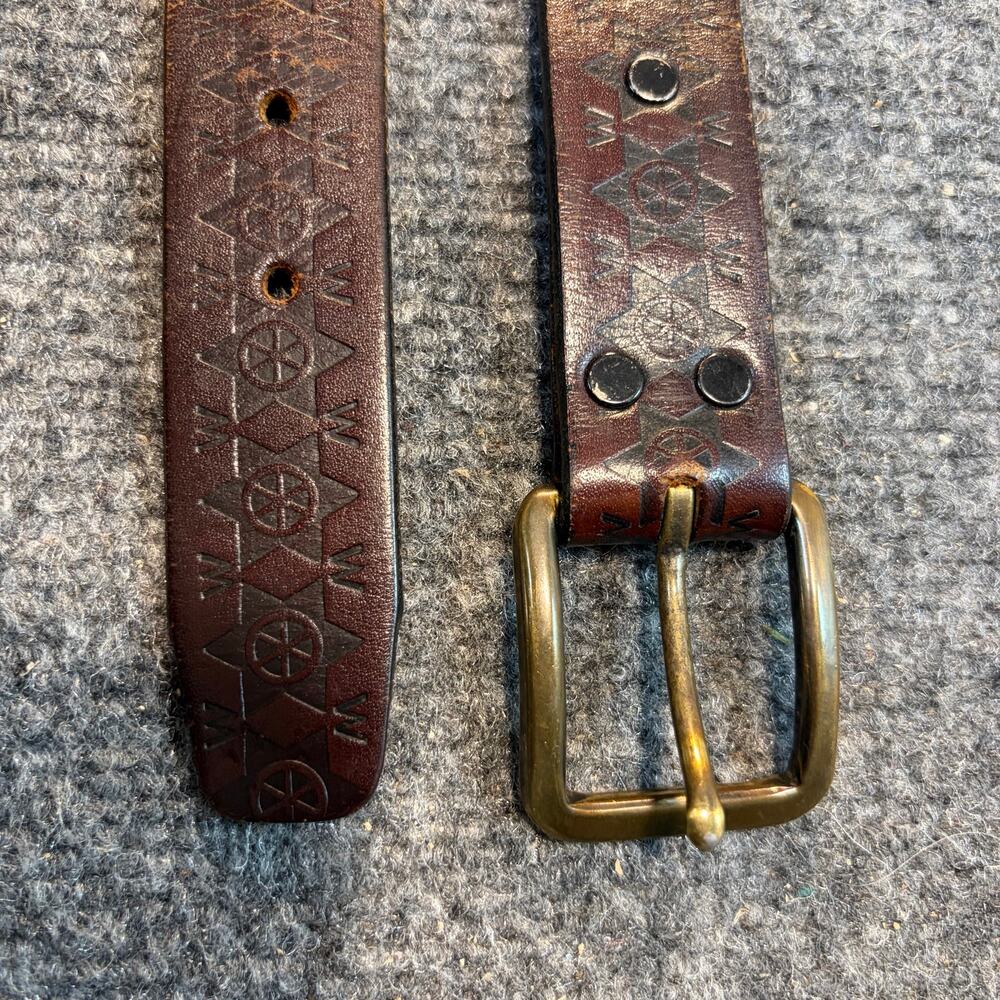 Wrangler Mens Brown Leather Aztec Embossed Western Belt Brass Buckle Large